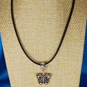 Vintage Silver Butterfly Charm Cord Necklace Butterflycore Wilderkind 1960s 70s